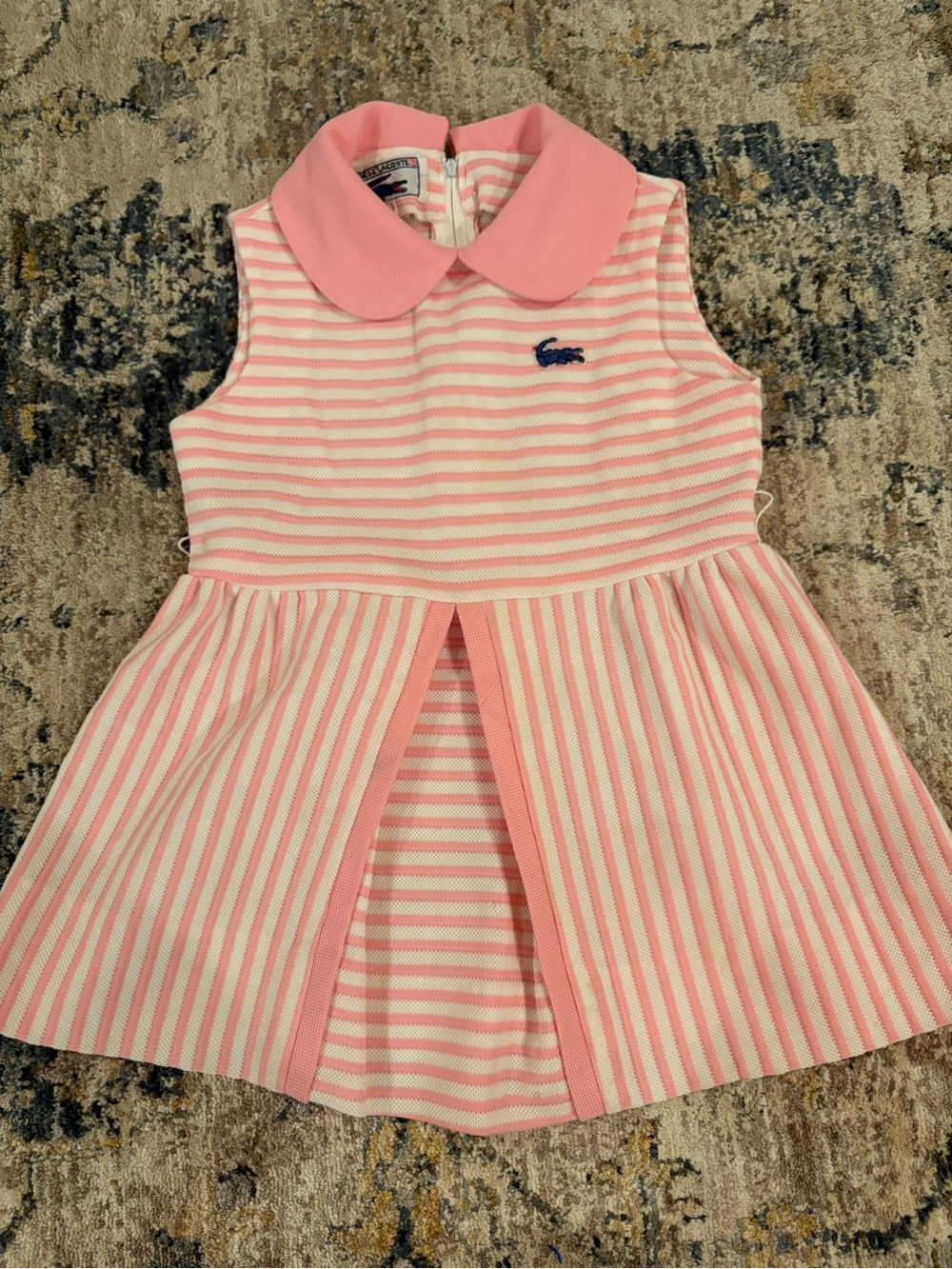 Vintage Baby Girl Size 4 Lacoste Pink/White Striped Polo Dress Logo Sleeveless